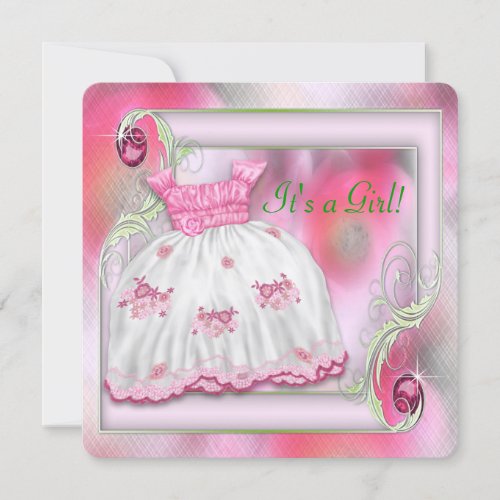 Hot Pink &amp; Green Baby Girl Shower Invitations