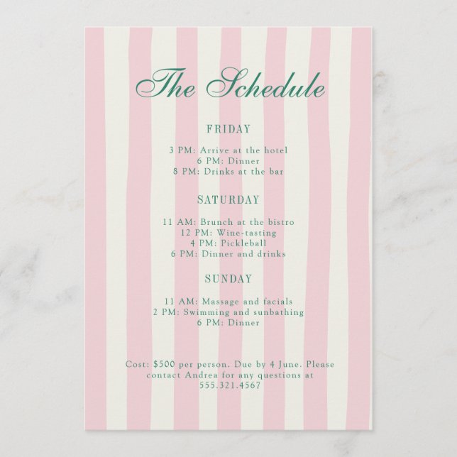 Pink and Green Bachelorette Weekend Itinerary  Program (Front)