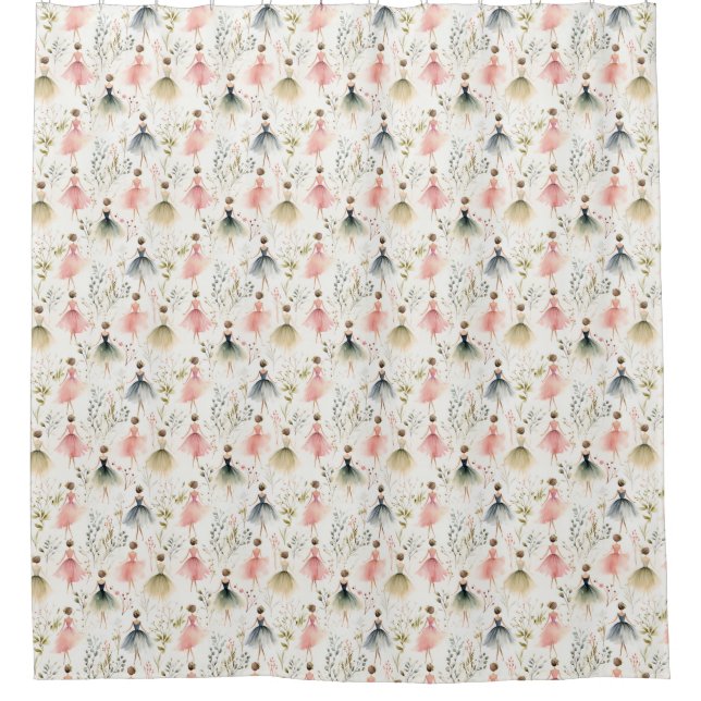 Pink and Green Ballerina Shower Curtain (Front)