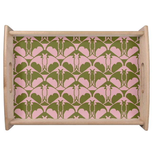 Pink and Green Batty Large Natural Serving Tray (Front)