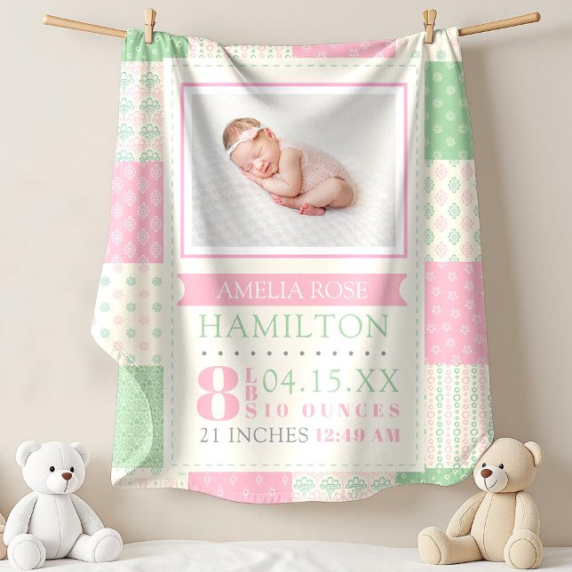 Pink and Green Birth Stats Photo  Baby Blanket (Pink and Green Birth Stats Photo Girl Baby Blanket)