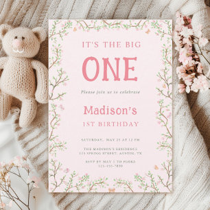 Pink and Green Blossom Floral Frame 1st Birthday  Invitation