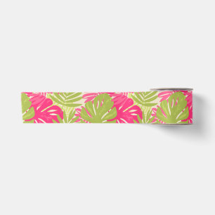 Pink and green bold vibrant monstera tropical leaf satin ribbon