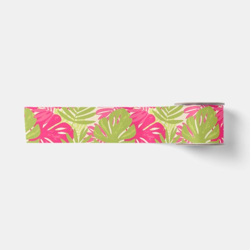 Pink and green bold vibrant monstera tropical leaf satin ribbon