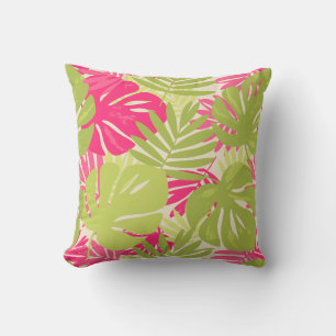 Pink and green bold vibrant monstera tropical leaf throw pillow
