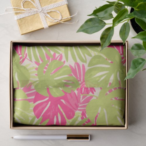 Pink and green bold vibrant monstera tropical leaf tissue paper