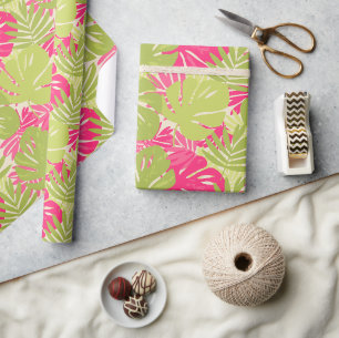 Pink and green bold vibrant monstera tropical leaf wrapping paper