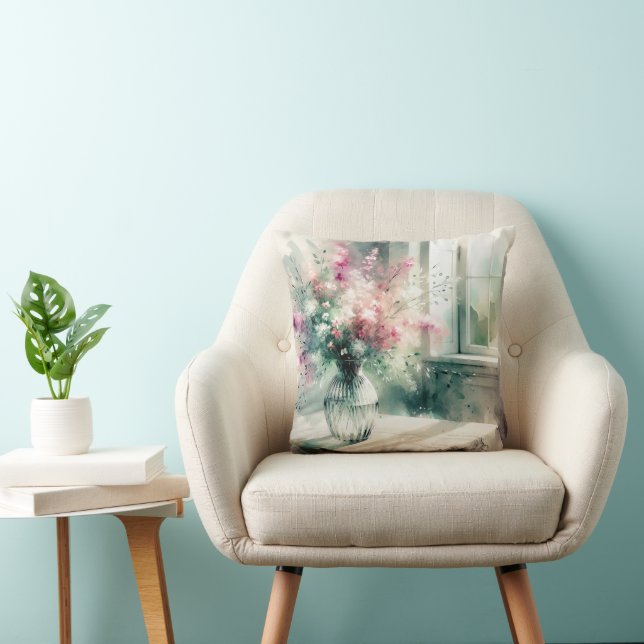 Pink And Green Bouquet By a Window Throw Pillow (Chair)