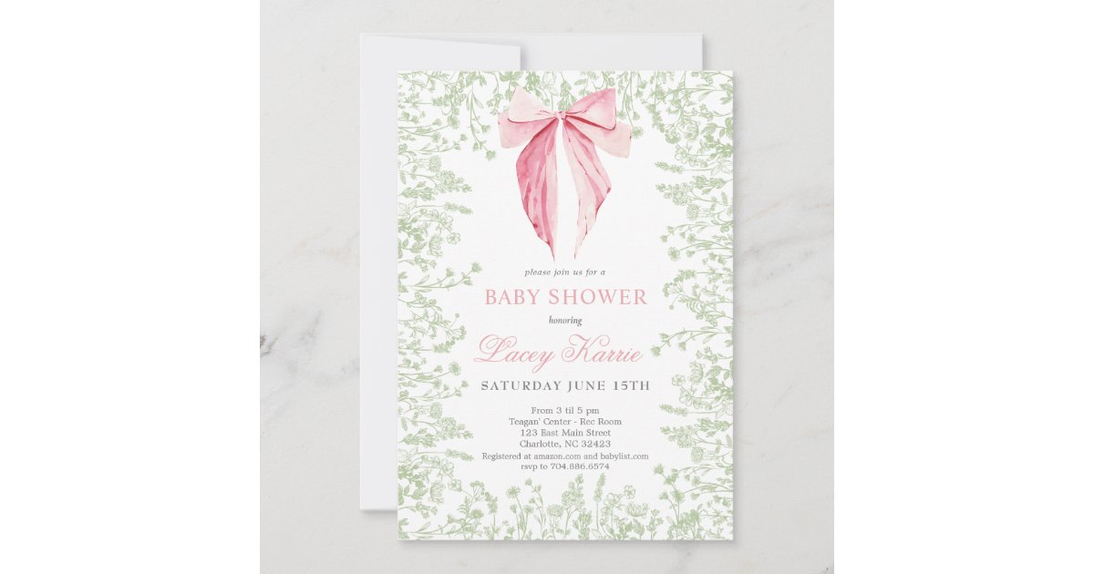 Pink and Green bow Baby Shower invitation | Zazzle
