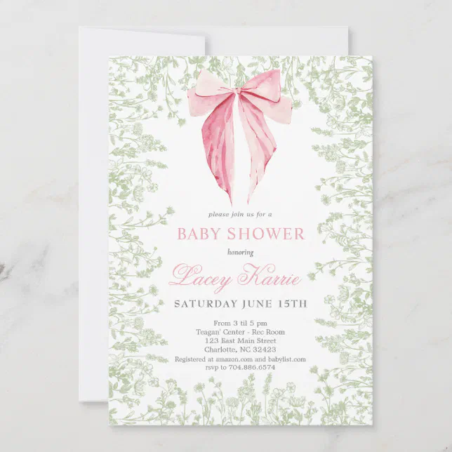 Pink and Green bow Baby Shower invitation | Zazzle