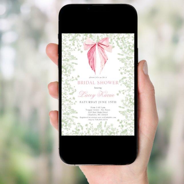 Pink and Green bow Bridal Shower invitation (Front Digital)