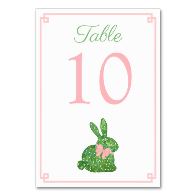 Pink And Green Boxwood Bunny Spring Baby Shower Table Number (Front)