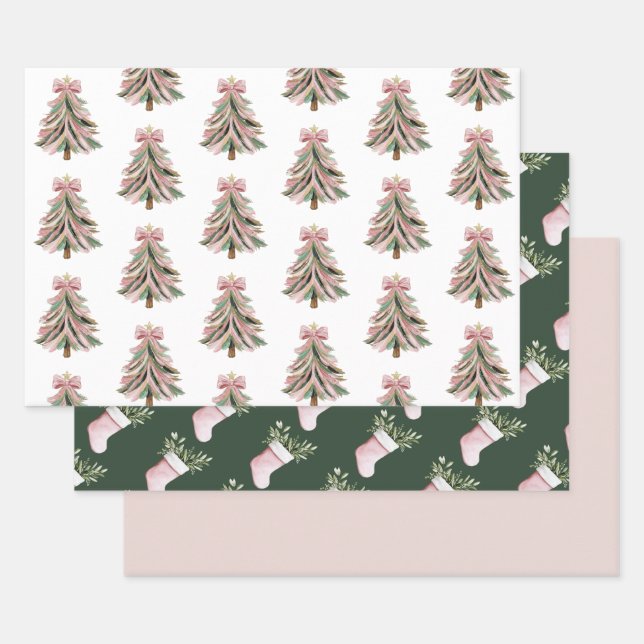 Pink and Green Brushstroke Christmas Flat Wrapping Wrapping Paper Sheets (Set)