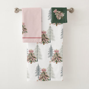 Pink and Green Brushstroke Christmas Tree Bath Towel Set