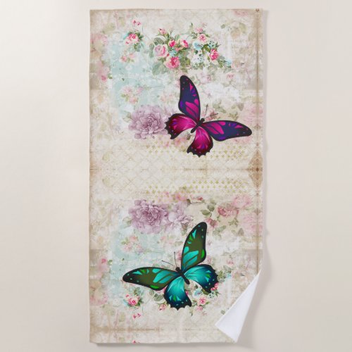 Pink and Green Butterflies on Shabby Vintage Roses Beach Towel