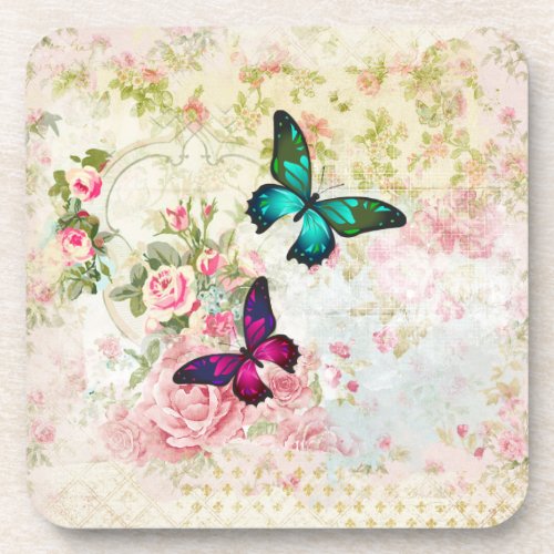 Pink and Green Butterflies on Shabby Vintage Roses Coaster