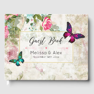 Pink and Green Butterflies on Shabby Vintage Roses Guest Book