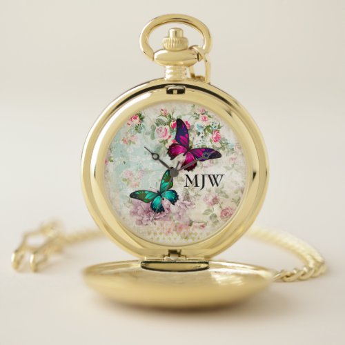 Pink and Green Butterflies on Shabby Vintage Roses Pocket Watch