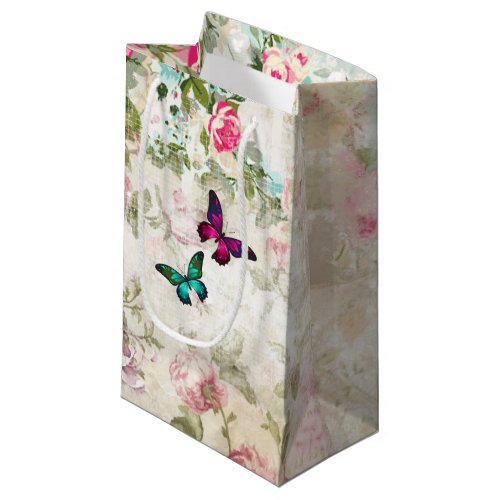 Pink and Green Butterflies on Shabby Vintage Roses Small Gift Bag