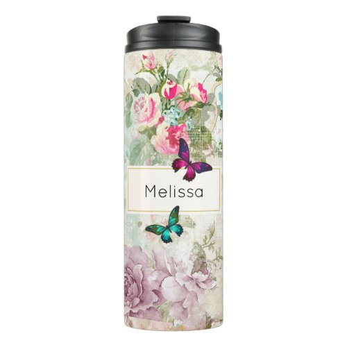 Pink and Green Butterflies on Shabby Vintage Roses Thermal Tumbler