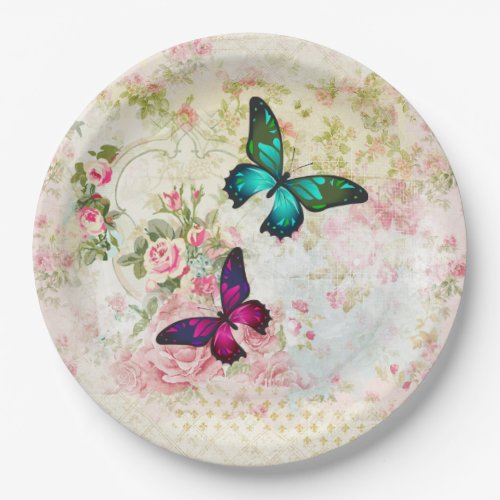Pink and Green Butterflies on Vintage Pattern Paper Plates