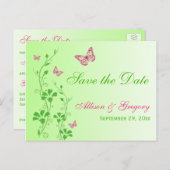 Pink and Green Butterflies Save the Date Postcard (Front/Back)