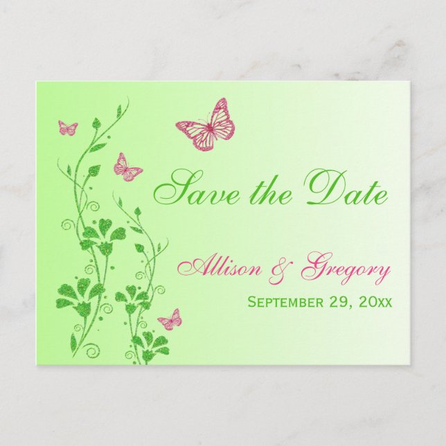 Pink and Green Butterflies Save the Date Postcard (Front)