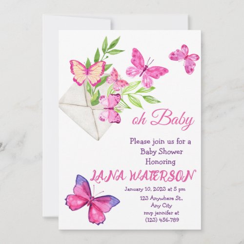 Pink and Green Butterfly Baby Shower Invitation