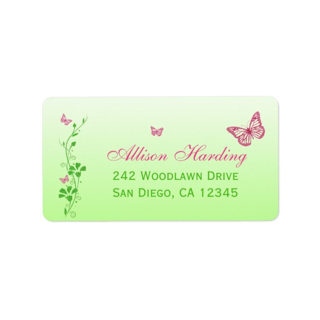 Pink and Green Butterfly Floral Address Label (Front)