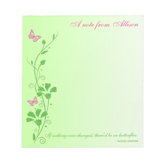 Pink and Green Butterfly Floral Notepad (Front)