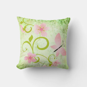 Pink and Green Butterfly Floral Throw Pillow
