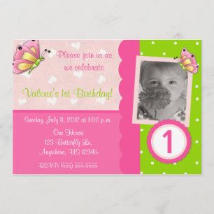 Pink and Green Butterfly Girls Birthday Invitation