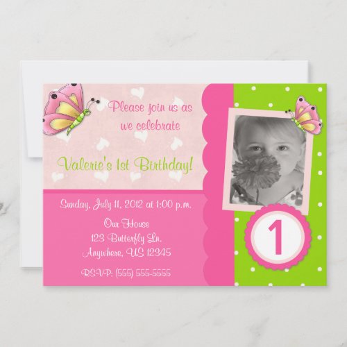 Pink and Green Butterfly Girls Birthday Invitation