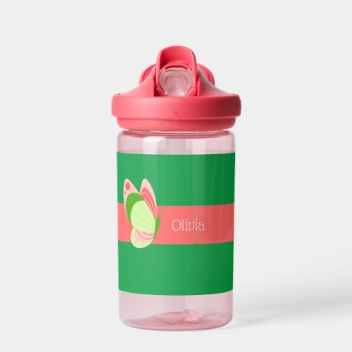  Pink and Green Butterfly Personalized Kids Water Bottle