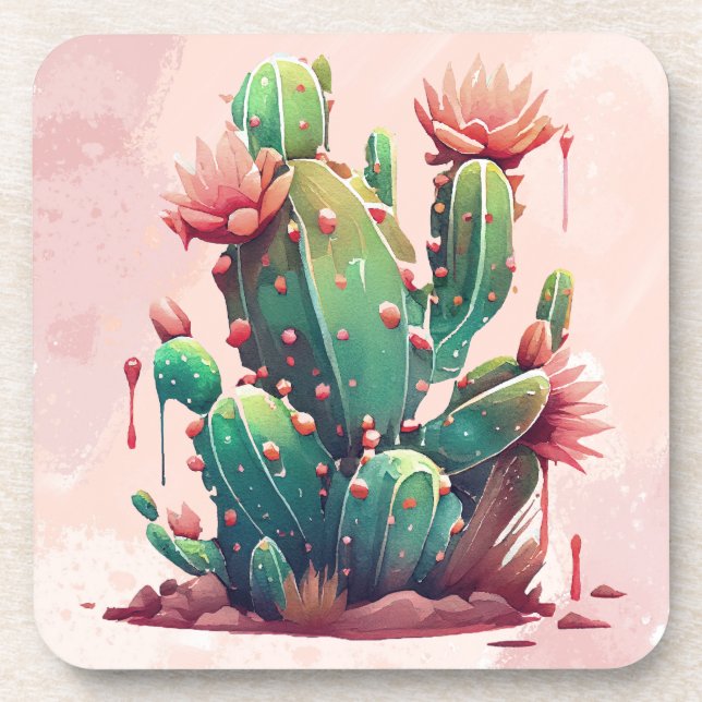 Pink and Green cactus Illustration Beverage Coaster (Front)