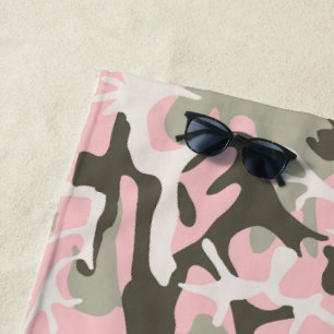 Pink and Green Camouflage, Military, Army Beach Towel