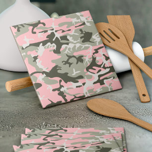 Pink and Green Camouflage, Military, Army Ceramic Tile
