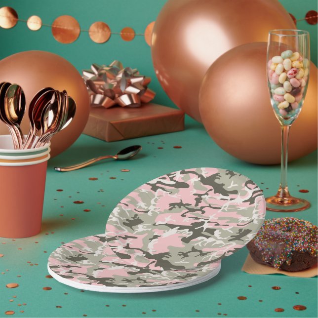 Pink and Green Camouflage, Military, Army Paper Plates (Multi)