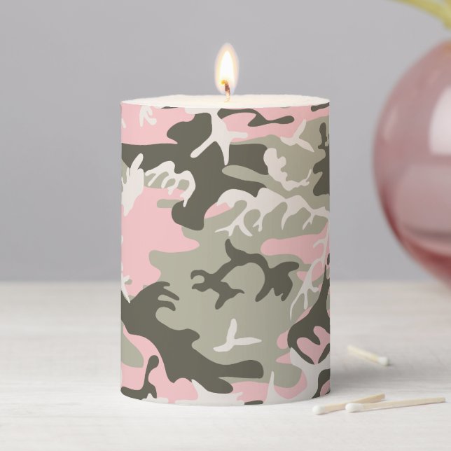 Pink and Green Camouflage, Military, Army Pillar Candle (In Situ)