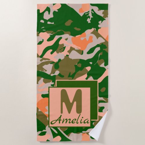 Pink and Green Camouflage Pattern Beach Towel