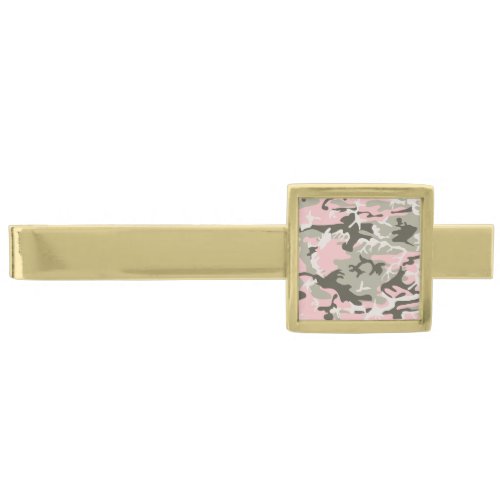Pink and Green Camouflage Pattern Military Army Gold Finish Tie Bar