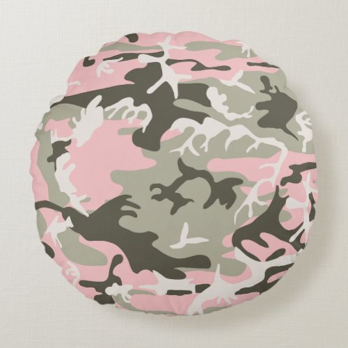 Pink and Green Camouflage Pattern Military Army Round Pillow
