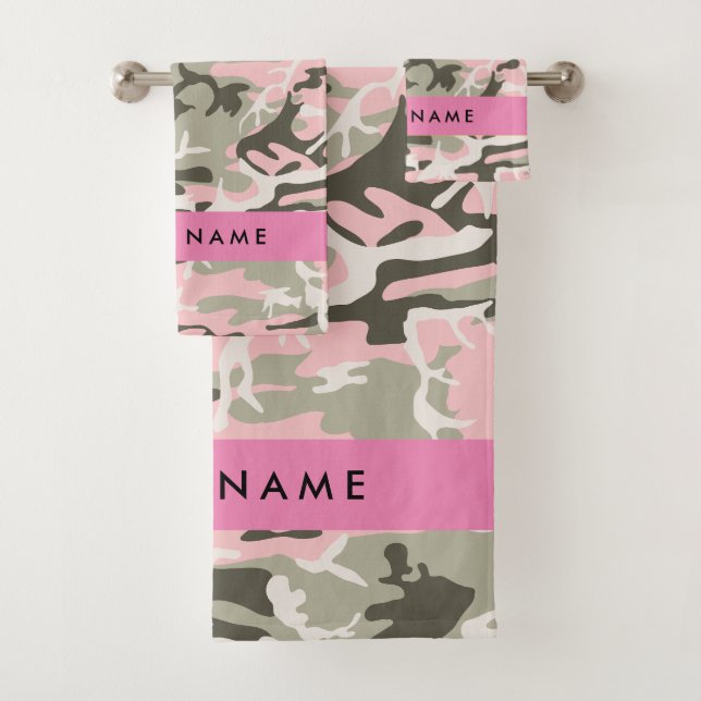 Pink and Green Camouflage Your name Personalize Bath Towel Set (Insitu)
