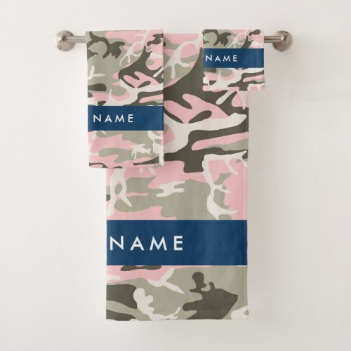 Pink and Green Camouflage Your name Personalize Bath Towel Set