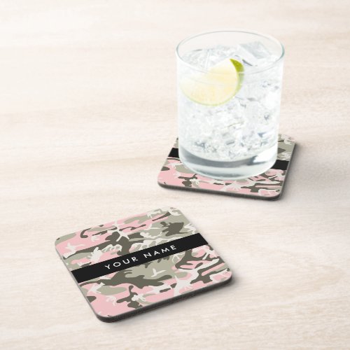 Pink and Green Camouflage Your name Personalize Beverage Coaster