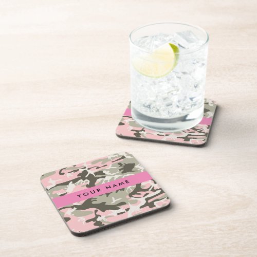 Pink and Green Camouflage Your name Personalize Beverage Coaster