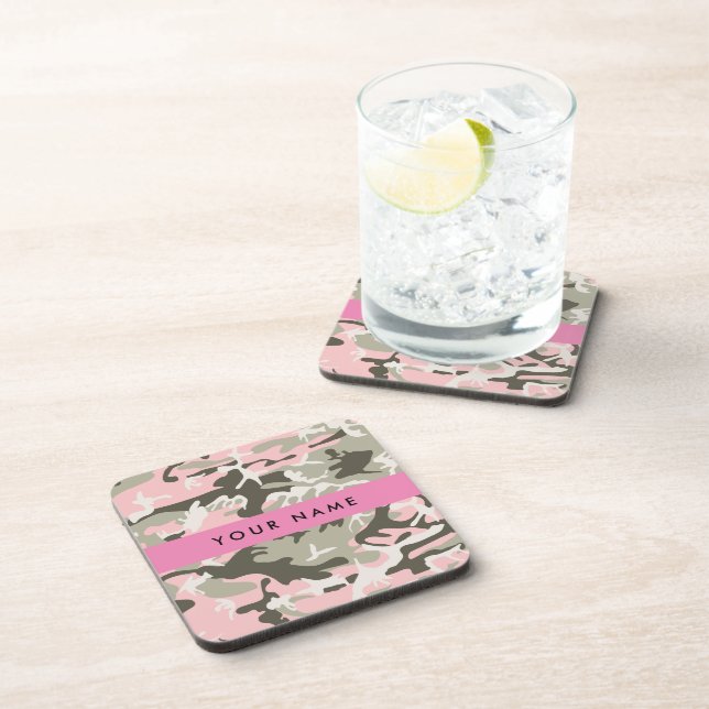 Pink and Green Camouflage Your name Personalize Beverage Coaster (Right Side)