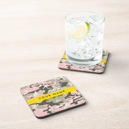 Pink and Green Camouflage Your name Personalize Beverage Coaster