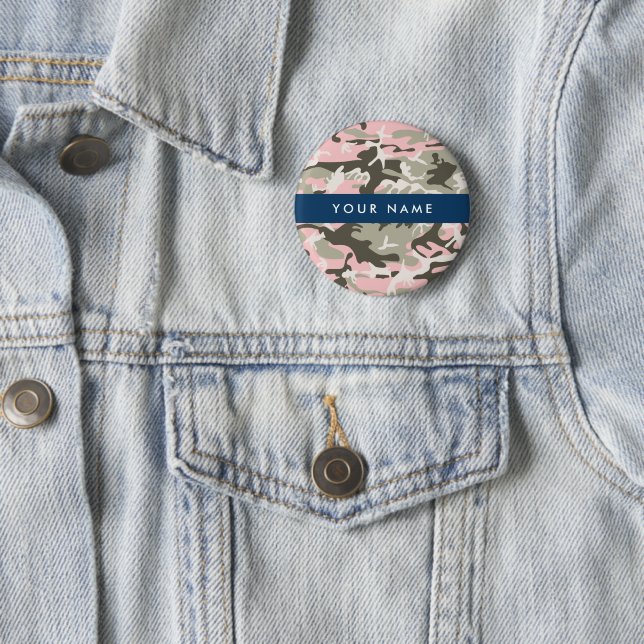 Pink and Green Camouflage Your name Personalize Button (In Situ)