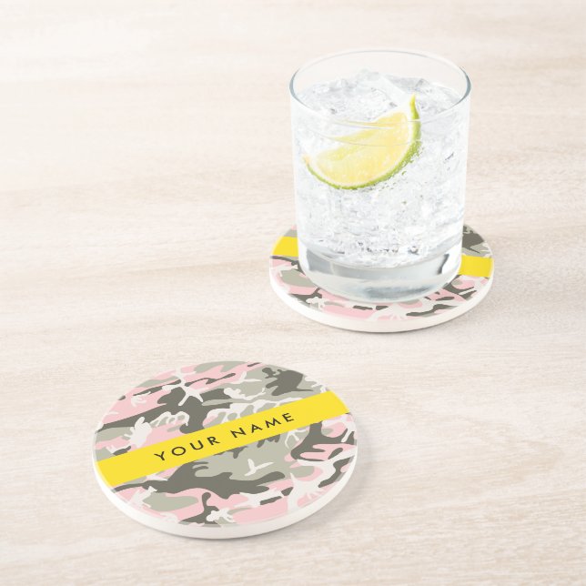 Pink and Green Camouflage Your name Personalize Coaster (Side)